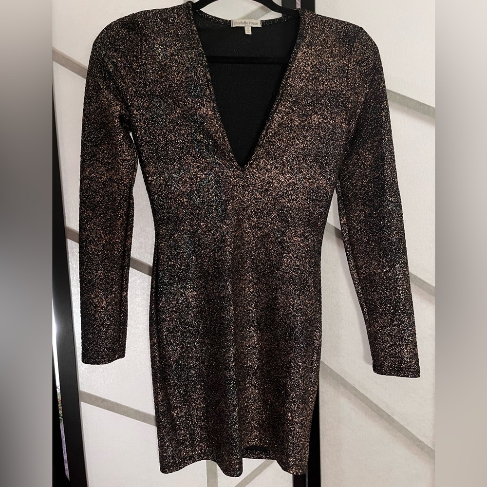 Y2K Deep V Neck Low Cut Iridescent Glitter Charlotte Russe Bodycon Club Dress S